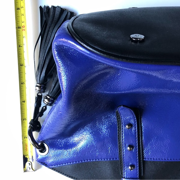 Eric Javits Patent and Saffiano Leather Handbag in Purplish Blue and Black - Picture 7 of 14